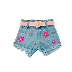 Shorts jeans + cinto aplique flores