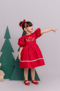 Vestido infantil com bordado + laço de cabelo vermelho natal na internet