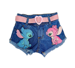 Shorts jeans infantil + cinto Lilo e stitch