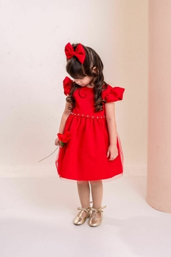 Vestido luxo + laço de cabelo infantil vermelho natal na internet