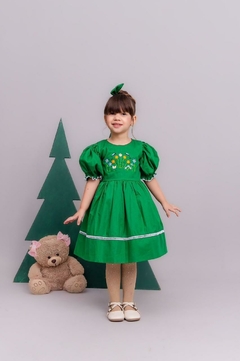 Imagem do Vestido infantil com bordado + laço de cabelo verde natal