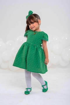 Vestido infantil + laço de cabelo luxo verde natal