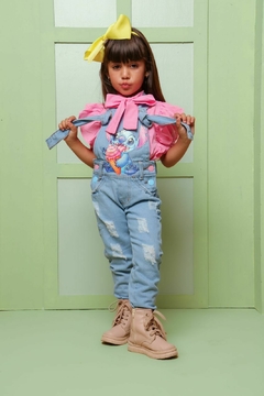 Jardineira Jeans calça Lilo e Stitch