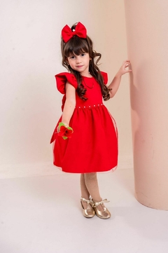 Vestido luxo + laço de cabelo infantil vermelho natal