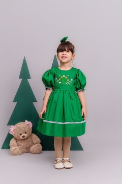 Vestido infantil com bordado + laço de cabelo verde natal na internet