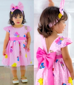 Vestido + laço Galinha pintadinha rosa