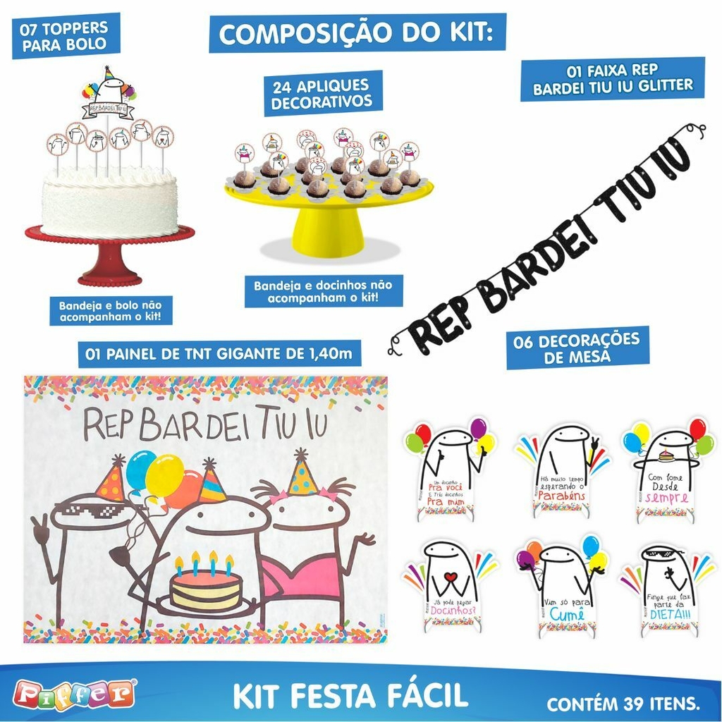 Kit Enfeites Mesa Festa Flork Meme Aniversário Painel Display