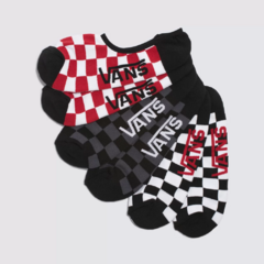 Meia da marca de skate Vans, modelo soquete checker com três pares multicoloridos nas cores: vermelho checker; branco checker e cinza escuro checker. Pack com 3 pares de meias Vans. Veste do tamanho 41 ao 45.