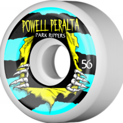 Jogo com 4 rodas de skate da marca Powell-Peralta Roda Powell-Peralta PF Park Ripper. Dureza: 84B - 104A; 56mm x 32mm (diâmetro x largura);Formulada em PF - Park Formula™; Produto importado.