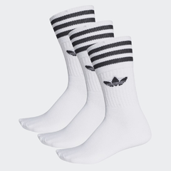 Meia Adidas Solid Crew White. Pack com 3 Pares de meias brancas com listras pretas no cano e detalhe do logo da marca.  Veste do tamanho 39 ao 42.