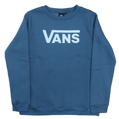 Moletom da marca de skate Vans Teal V Crew Blue na cor azul. Possui logo Vans aplicado na altura do peito em silk, etiqueta com logo Vans aplicada na lateral, gola careca, barra e punhos canelados e é feito de 53% poliéster e 47% algodão. Tipo de modelage