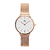 relógio minimalista feminino pulseira aço rosé gold fundo branco