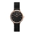 relógio feminino pulseira aço preta fundo preto com detalhes rose gold