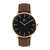 relógio minimalista pulseira couro marrom fundo preto com rose gold