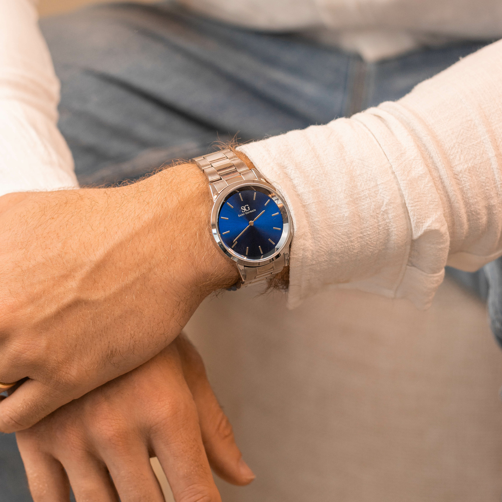 Relógio Masculino Pulseira Prata Fundo Azul Harlem Blue Silver 40mm