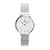 relógio minimalista feminino pulseira aço prata fundo branco