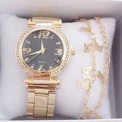 Relógio Feminino Luxo Dourado Fundo Preto + Pulseira Feminina na internet