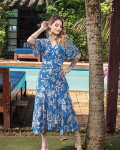 Vestido Theodora envelope Midi Est. Flor Azul