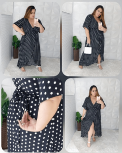 vestido envelope transpassado longo de poa midsize plus preto