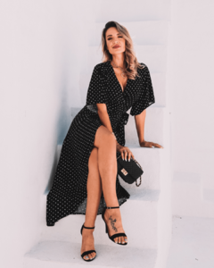 Vestido Envelope Longo Jane Poá Preto