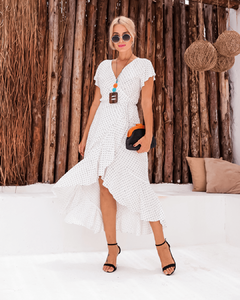 vestido envelope midi wrapdress transpassado poa branco