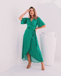 Vestido Envelope Longo Jane Poá Verde