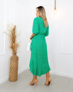 Vestido Envelope Midi Yasmin Poá Verde Manga 3/4