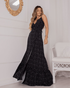 Vestido Lili Envelope Longo Alcinha Poá Preto