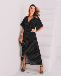 Vestido Envelope Longo Jane Poá Preto