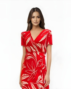 vestido envelope midi curto transpassado manga curta estampado vermelho
