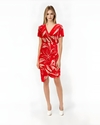 vestido envelope midi curto transpassado manga curta estampado vermelho