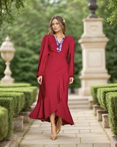 vestido envelope manga longa midi marsala