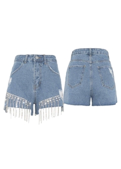 Short Jeans Cintura Alta Franjas Strass Lara