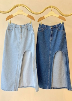 Saia Midi Jeans Recorte Arredondado
