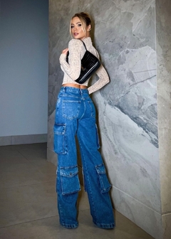 Calça Jeans Wide Leg Cargo Bolsos Jô - comprar online