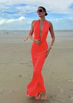 Vestido Longo saida de praia malha Decote laranja