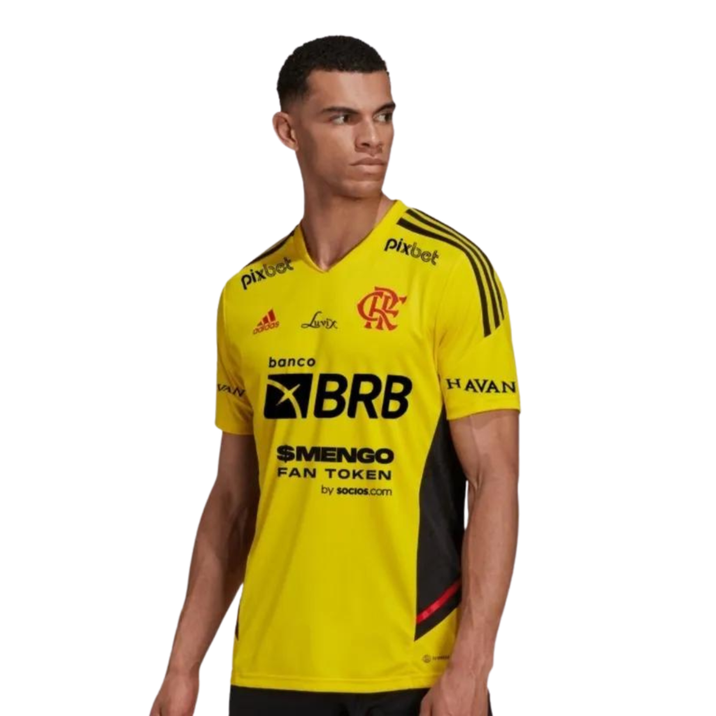 Camisa Flamengo Treino Amarela Todos Patrocinadores 22 23 Masculina