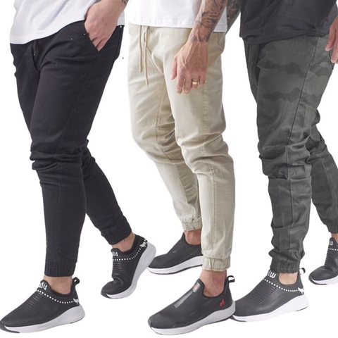 Calça Jogger Jeans masculina bege cargo skinny com punho e elástico Vira  Lata Wear