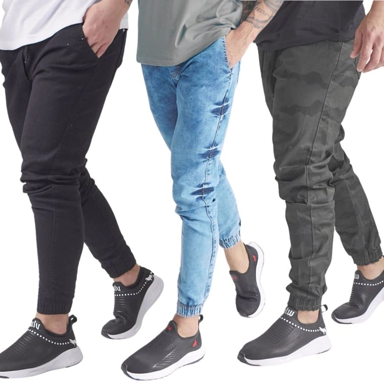 Kit com 3 Calças Jogger masculina cargo Skinny com elástico e punho  Preta/Camuflada/Jeans