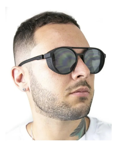 Óculos de sol proteção lateral masculino steampunk moda dj uv400