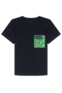 Camiseta em Meia Malha Preto Mario Bros Johnny Fox