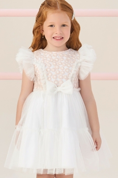 Vestido Tule Brilhoso Infantil Branco Festa Petit Cherie
