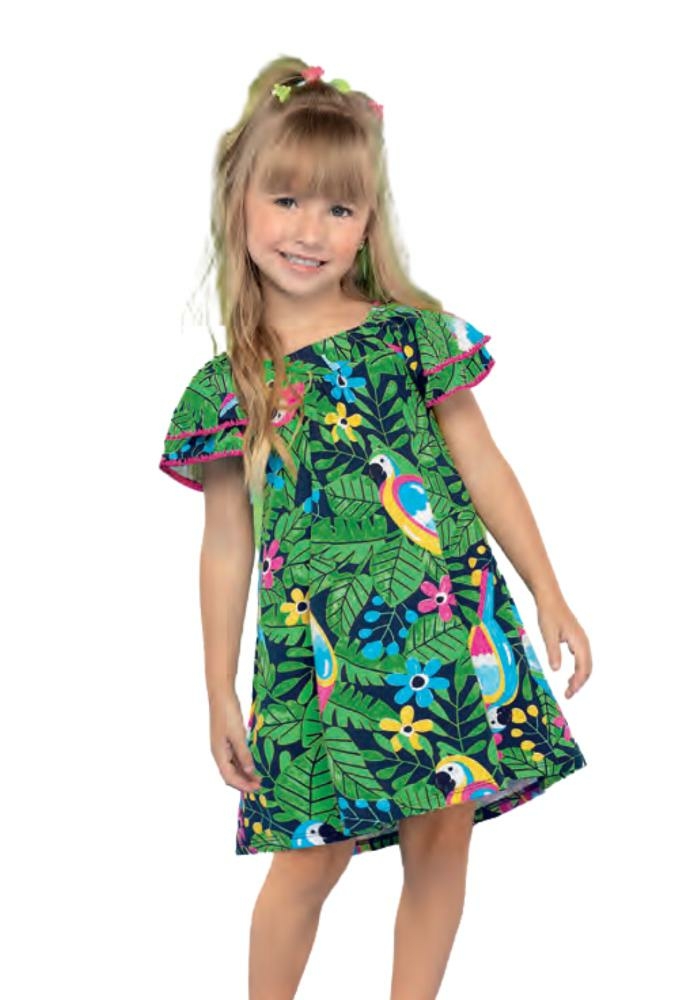 Vestido Para Meninas de 2 a 10 Anos Estampado Azul Em Viscose em