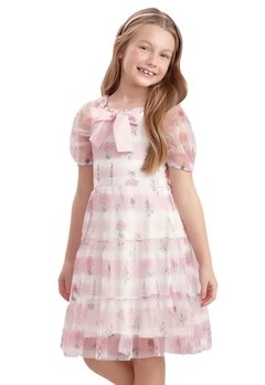 Vestido Infantil Rosa Flores Laço Petit Cherrie