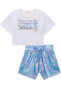Conjunto Blusa Shorts Nylon Iridescente Azul Infanti
