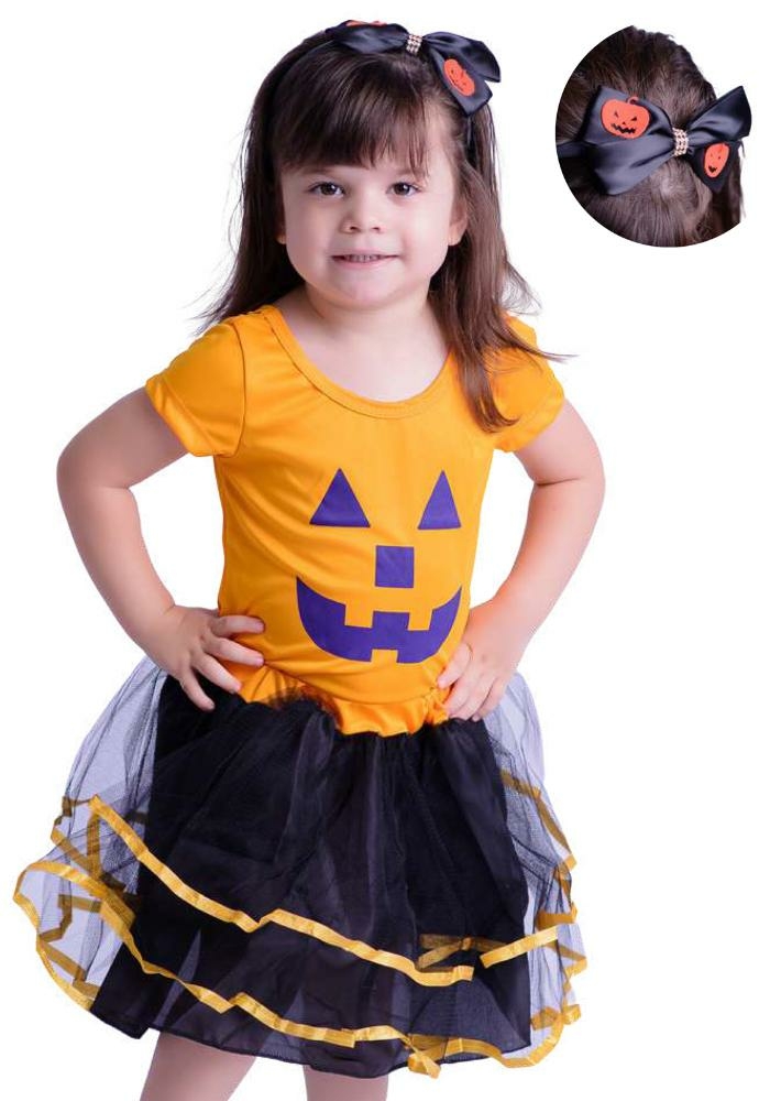 Fantasia Halloween Infantil Menina Abóbora Camisa Saia Bolsa