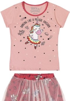 Conjunto Pijama Blusa Short Saia Malha Tule Rosa ELIAN - comprar online