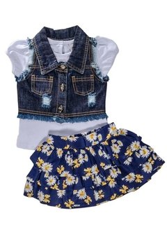 Conjunto 3 peças Colete Floral Azul Anjos Baby