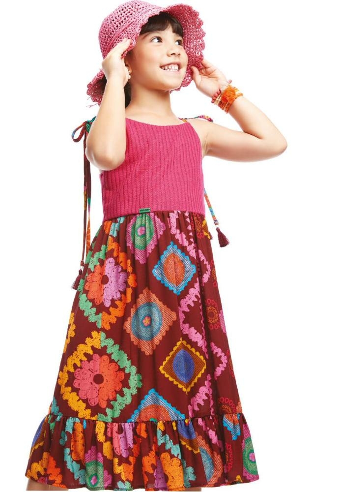 Vestido Crochê e Tecido (Li)  Roupa Infantil para Menina Crochê