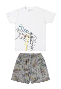 Conjunto Pijama Camiseta Bermuda Meia Malha Branco ELIAN